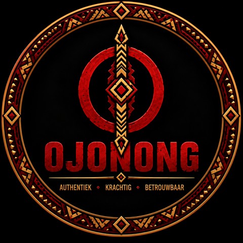Het ronde Ojonong logo in rood en goud