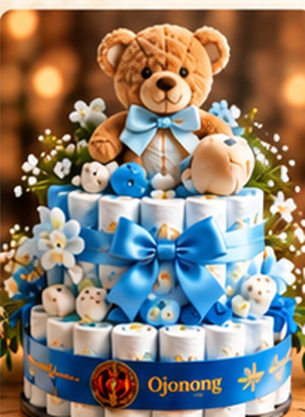Blauwe luiertaart voor jongens met teddybeer