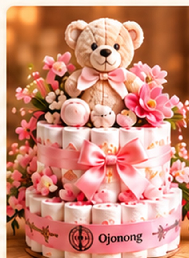 Roze luiertaart voor meisjes met teddybeer